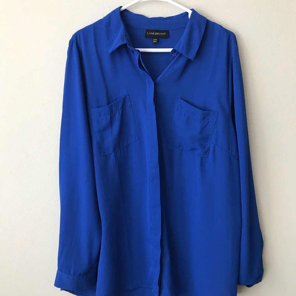 Plus size blue button down with penguin tail back